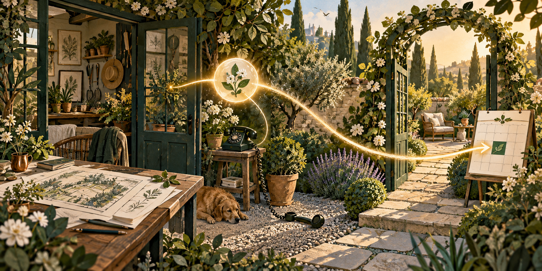 A garden studio and a golden customer request branching toward a disconnected telephone and an appointment calendar.