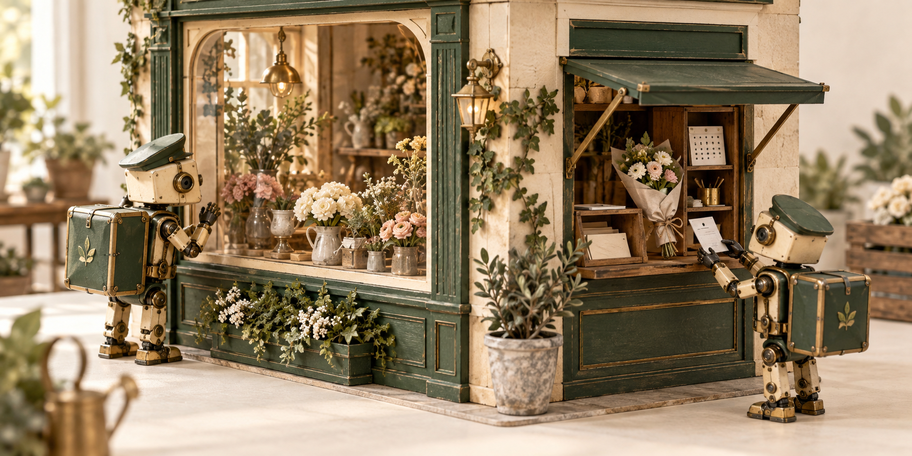 Two brass mechanical couriers at a miniature flower shop: one studies the window while another collects a bouquet and receipt through a service hatch.