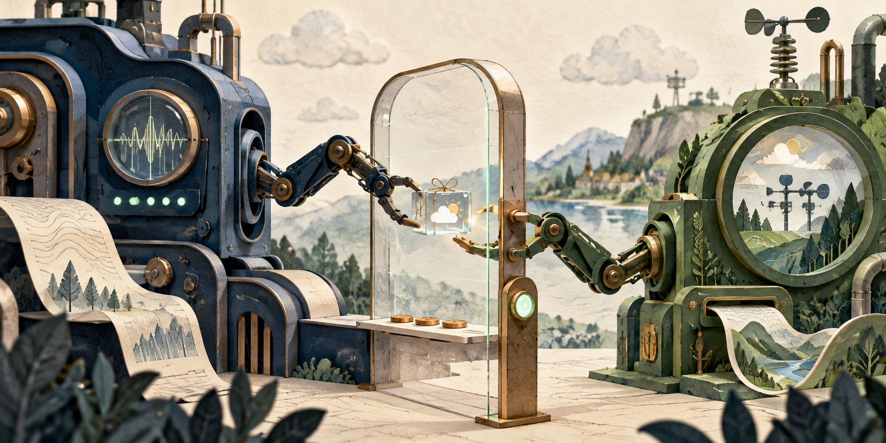 Two intricate mechanical instruments passing a small weather-data parcel through a transparent payment gate.