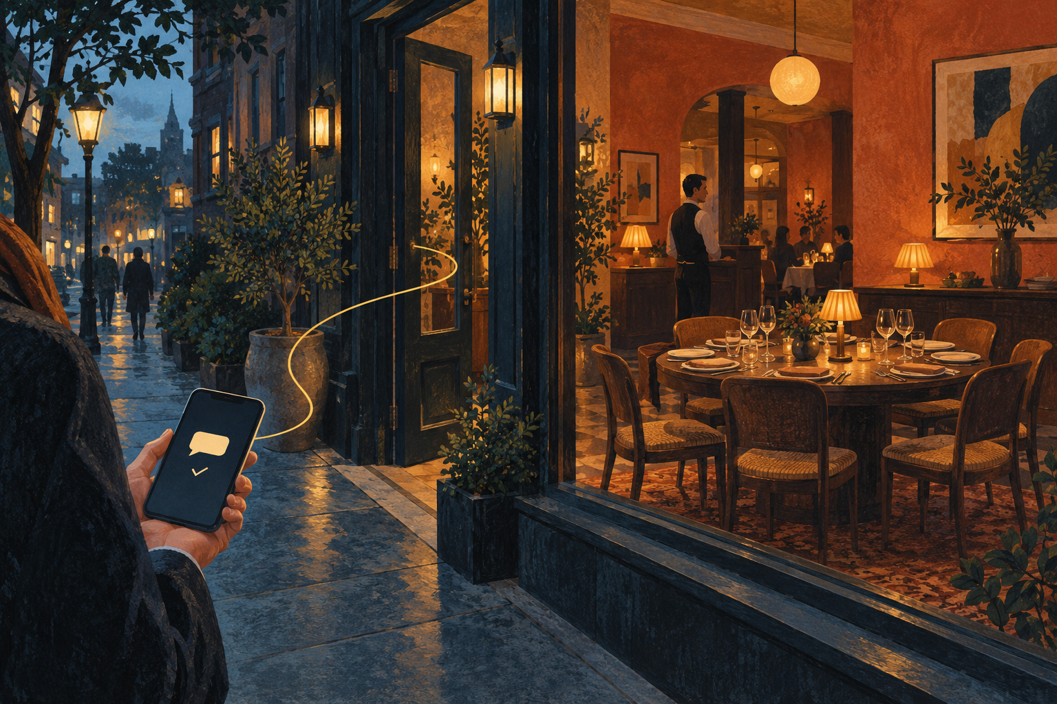 Illustration of a warmly lit restaurant at dusk, with guests dining inside and a theater down the street.