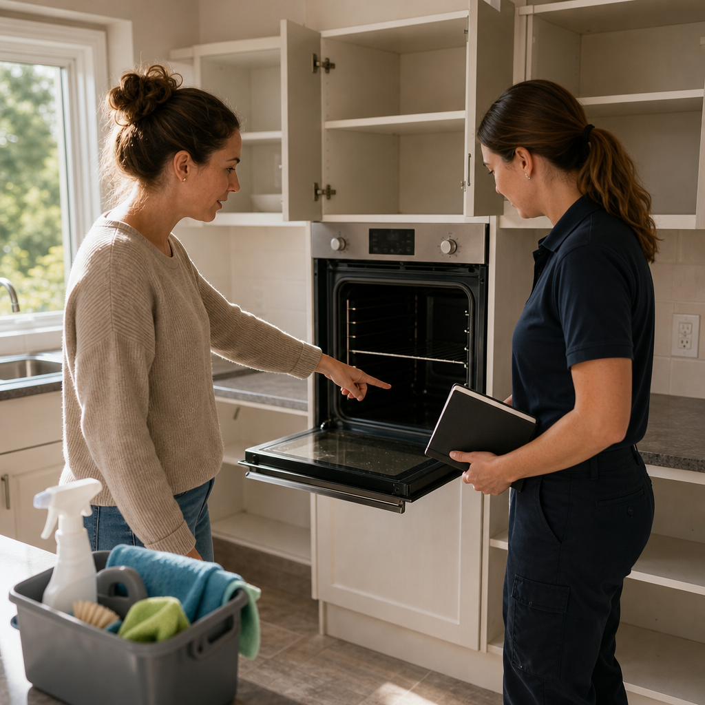 Homeowner pointing to an open oven during a walkthrough with a cleaning-business owner.