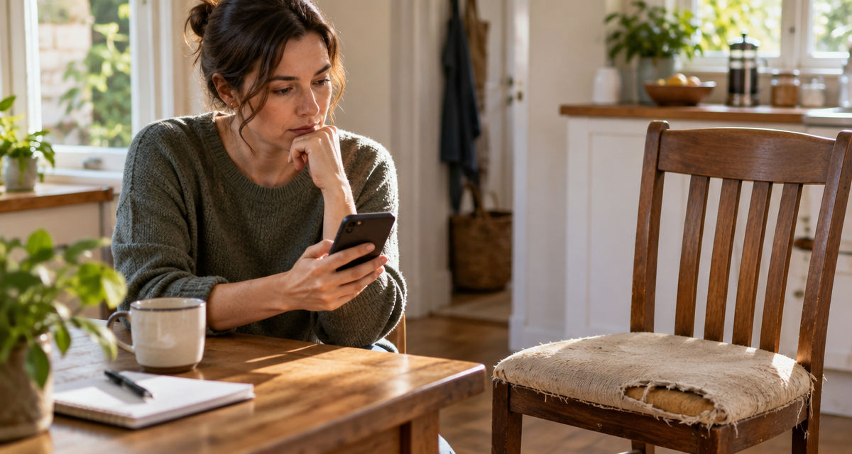 A person looks at a smartphone beside a dining chair with worn upholstery.