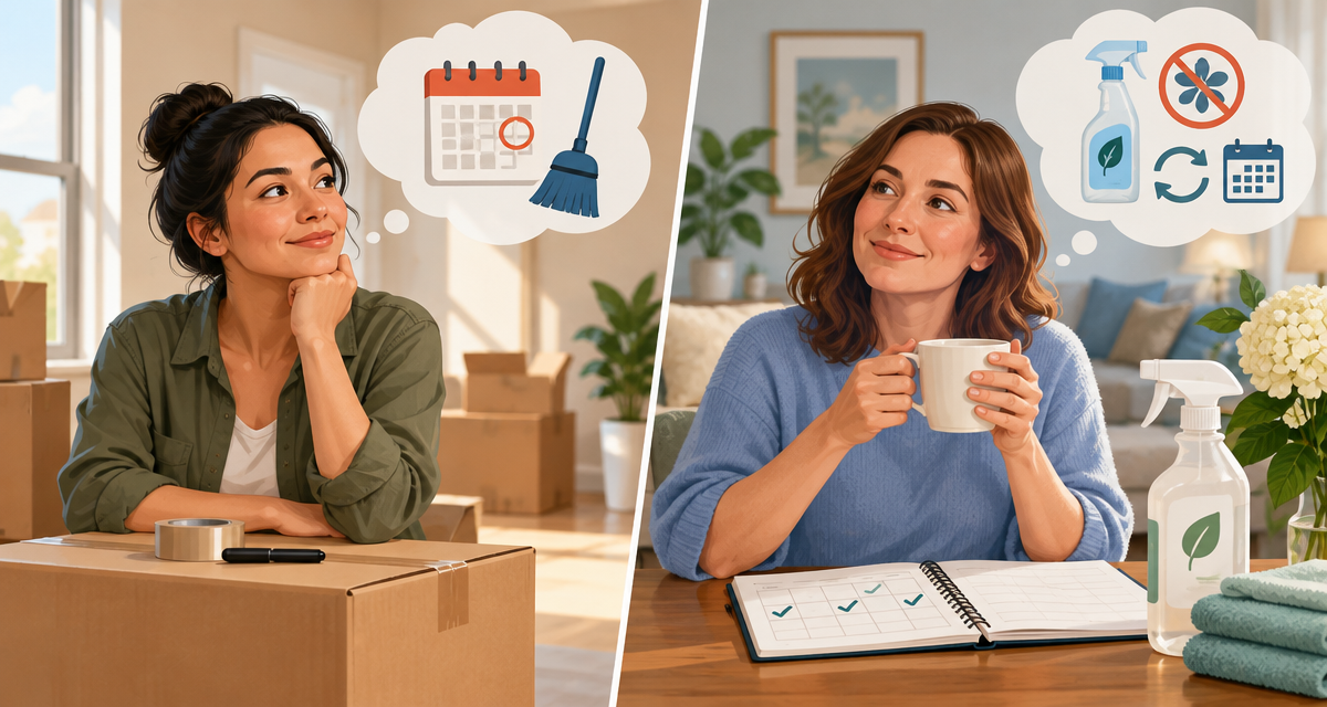 Two households consider cleaning services for different needs: a move-out deadline and recurring fragrance-free cleaning.